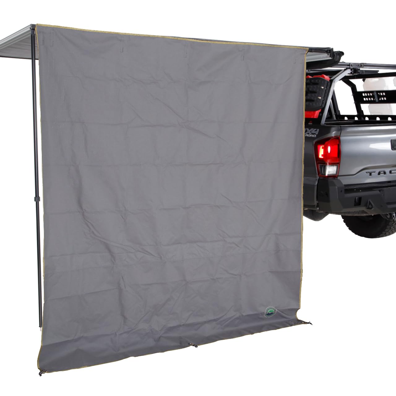 Nomadic 6.5’ Awning Overland Vehicle Systems HD Side Shade Wall - 280G Poly Cotton Rip Stop Grey Body, Green Trim - Velcro Attachment - Included Storage Bag