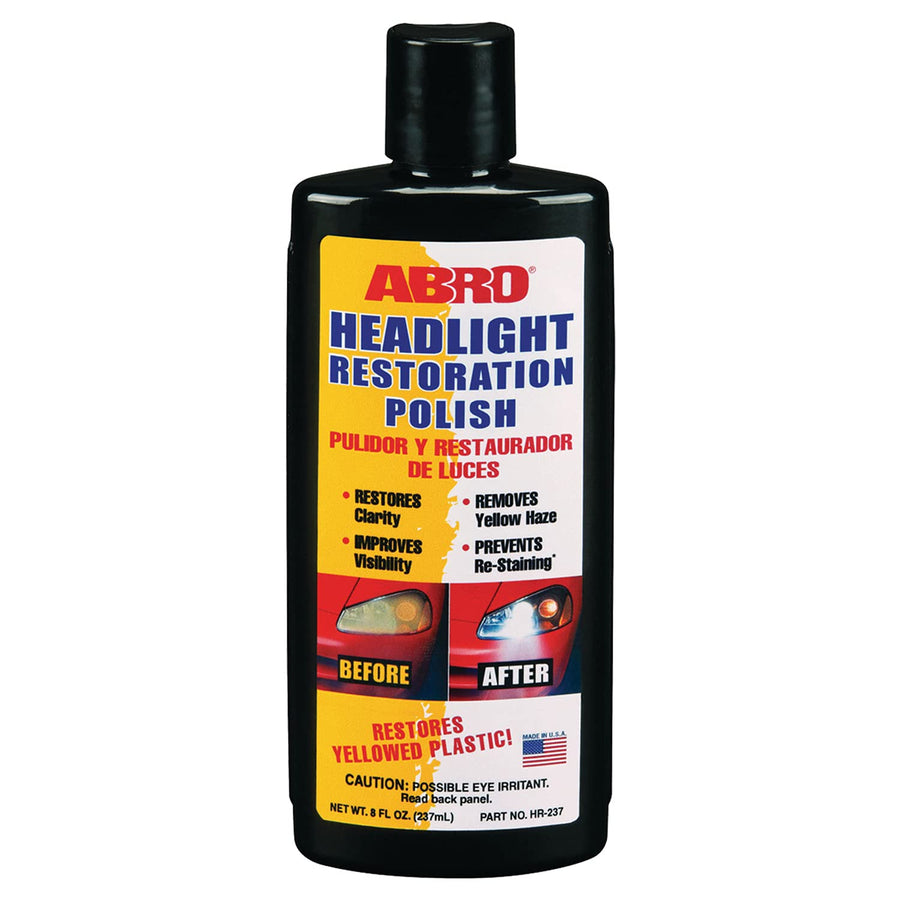 ABRO Headlight Restoration Polish, Crystal-Clear Brilliance, 8oz., Enhanced Visibility & Yellow Haze Elimination for Headlights and Taillights