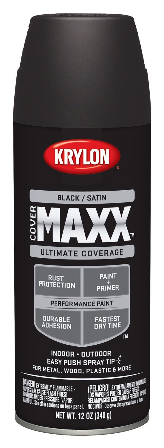 Krylon COVERMAXX K09158007 Spray Paint, Satin Black, 12 Ounce