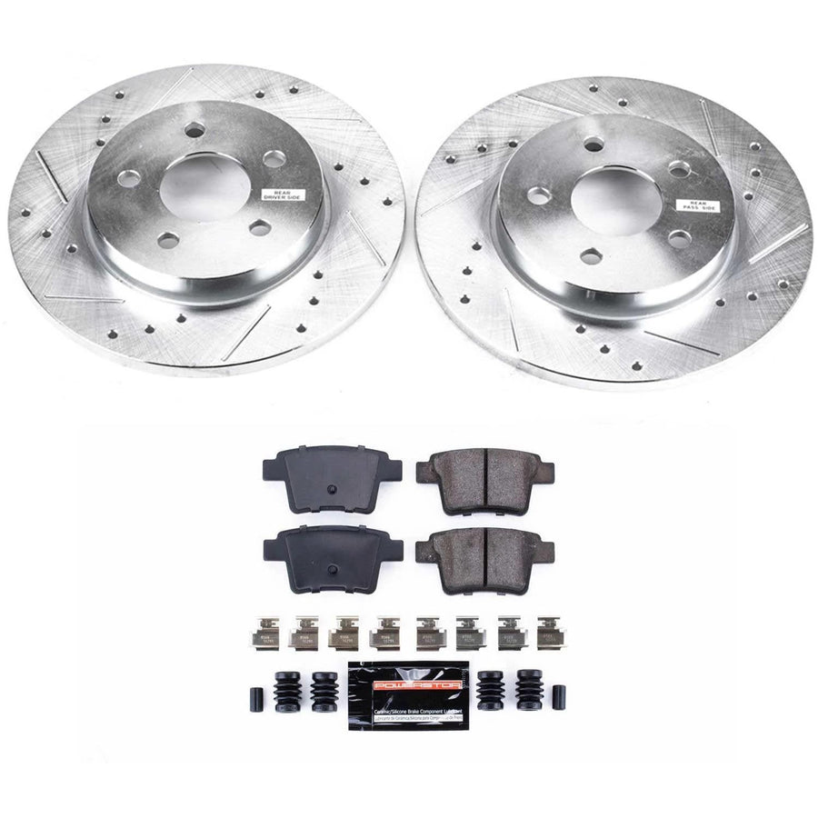 Power Stop K1379 Z23 Carbon Fiber Brake Pads Rear with Drilled & Slotted Brake Rotors Kit For Jaguar X-Type 2005-2008 [Model Specific]