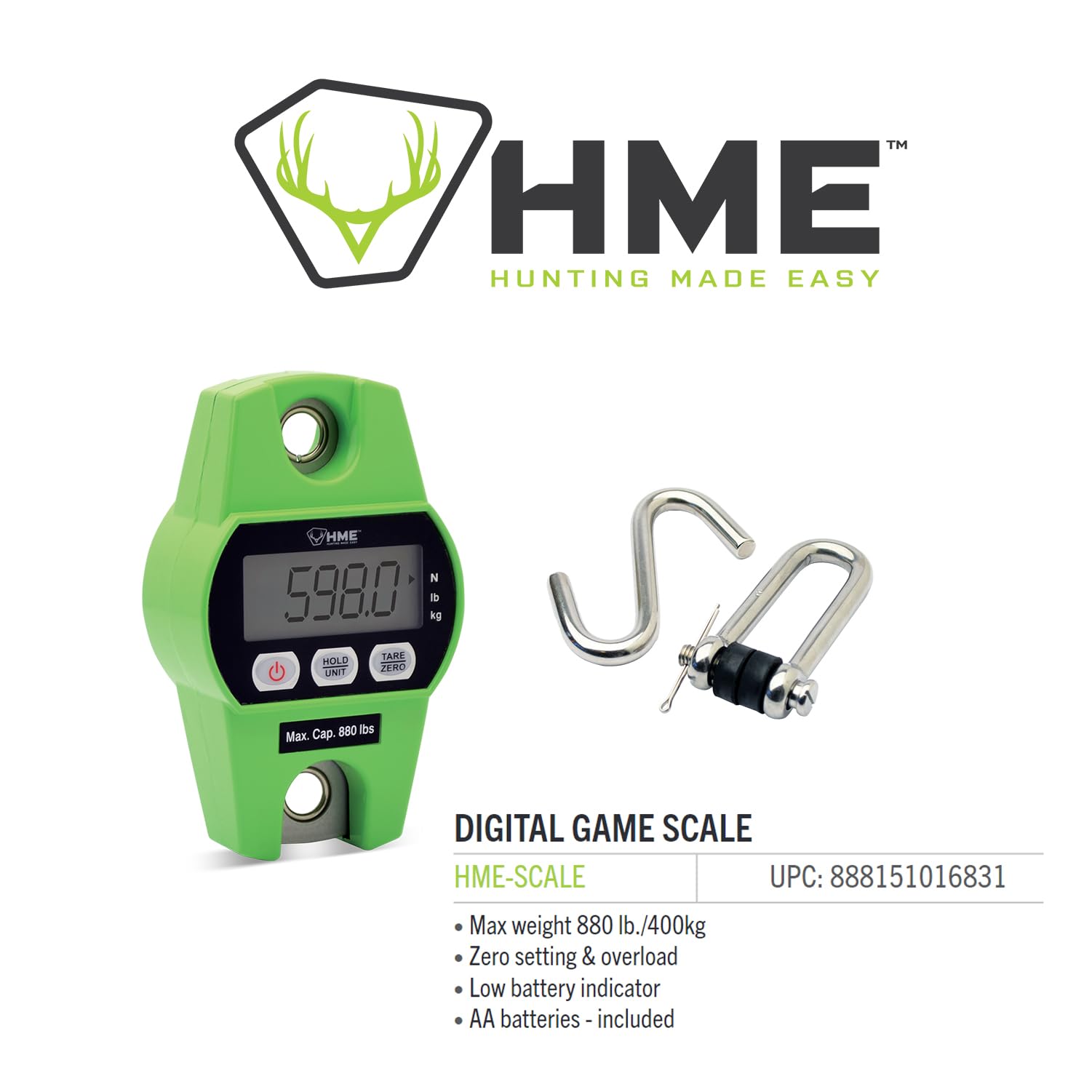 Durable HME Versatile Hunting Digital Hanging Scale w/Tare Function - 400 Kg/880 lb Max Weight, 2 Batteries Included, Iron Hook, Mode Function N/lb/kg