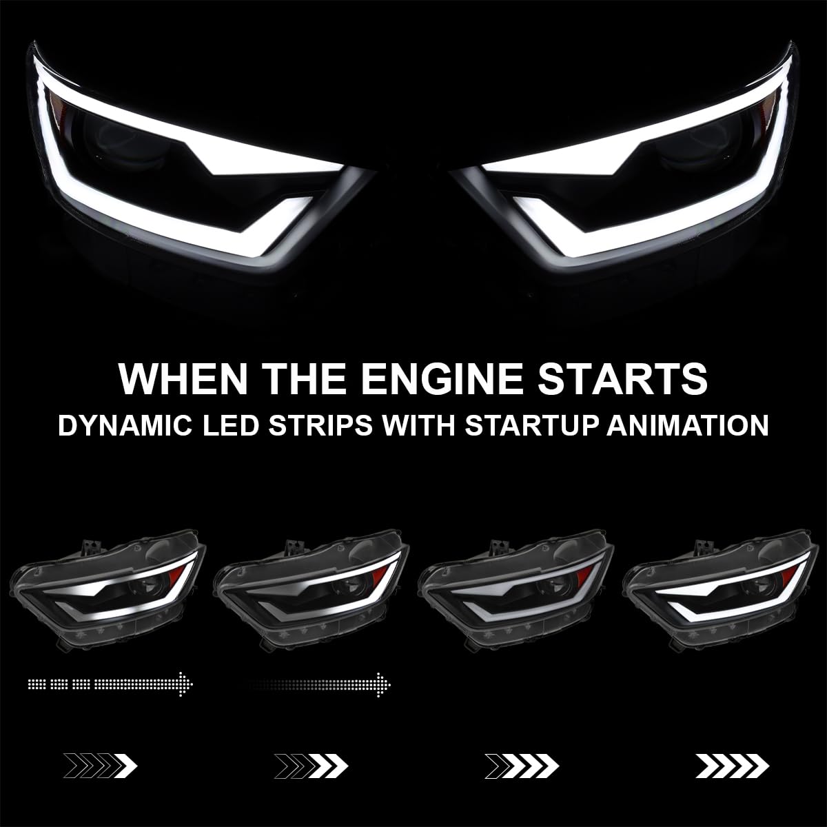 HID/Xenon Projector Headlights SPEC-D TUNING w/Fiber Optic Sequential Switchback LED Strip, Startup Animation Compatible with 2015-2017 Ford Mustang Models, Left + Right Pair Headlamps Assembly