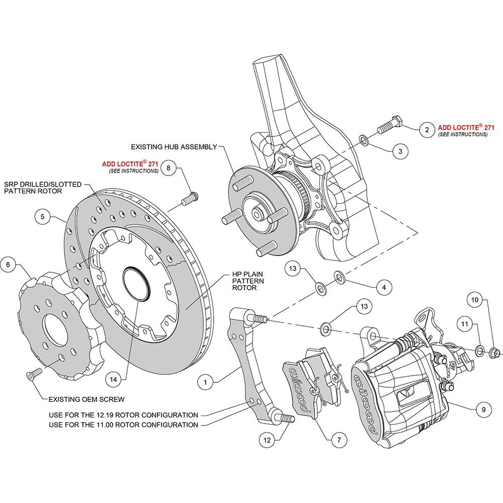 WILWOOD 140-10207-DR Rear Kit CPB, 12.19", Drilled, Red Civic / Integra Disc 2.39 Hub Offset