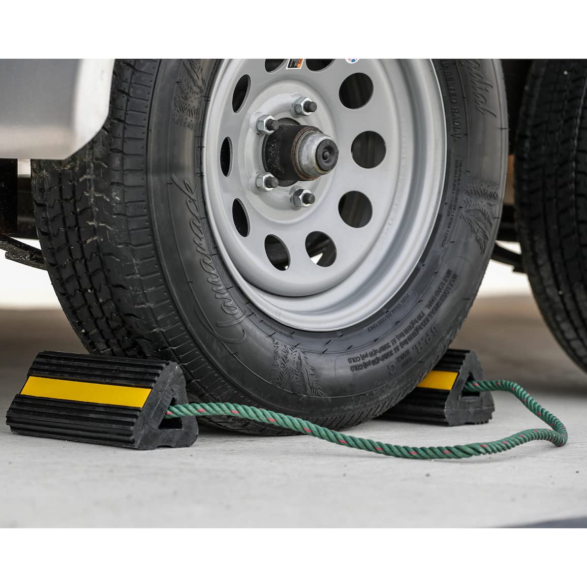 Heavy Duty Buyers Products WC24483 Wheel Chock Set – 4x4x8" Rubber Wheel Chocks with 36 Inch Nylon Rope, Rust & Chemical Proof, Reflective Tape, for Trucks, Utility Vehicles, Ground Support Equipment