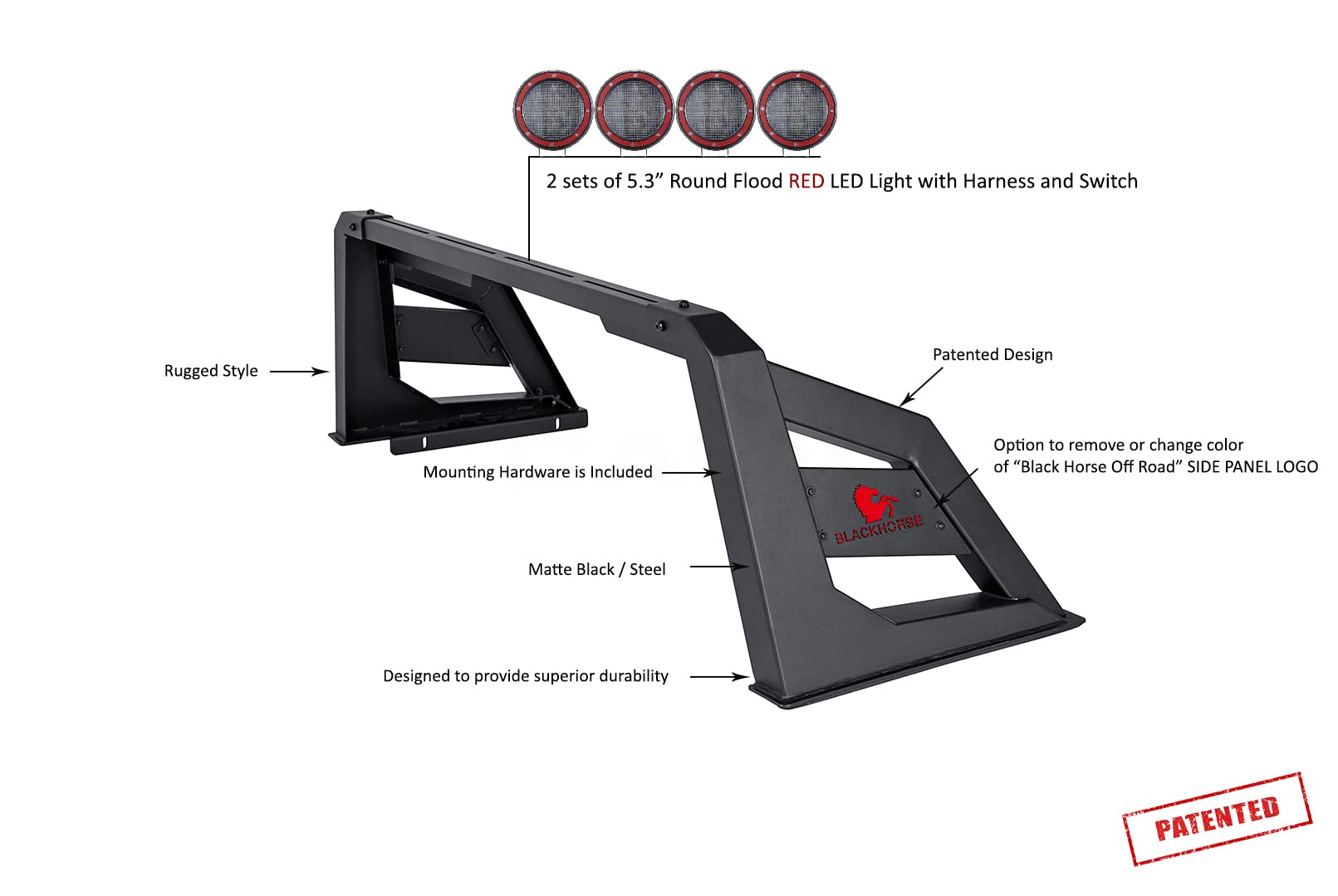 Roll Bar Black Horse Armour Incl. Set of 5.3" Dia.LED Lights w/Red Trim Rings Matte Black Compatible with 01-06 Chevrolet Silverado 3500|07-22 Silverado 3500 HD/GMC Sierra 3500 HD|07-24 Toyota Tundra
