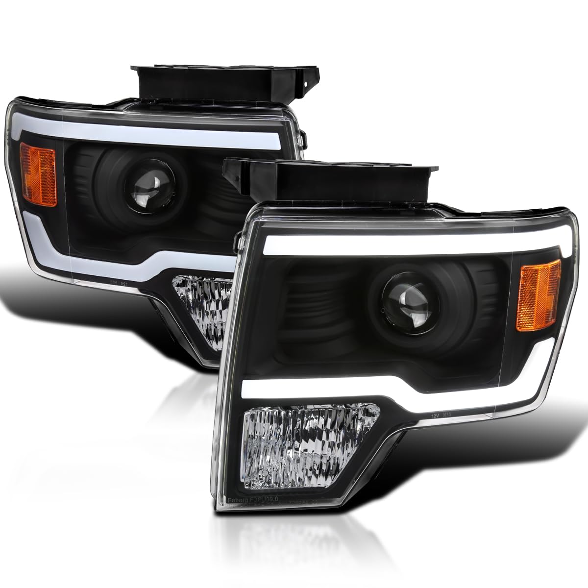Black Projector Headlights w/LED Strips SPEC-D TUNING Compatible with 2009-2014 Ford F-150, Left + Right Pair Headlamps Assembly