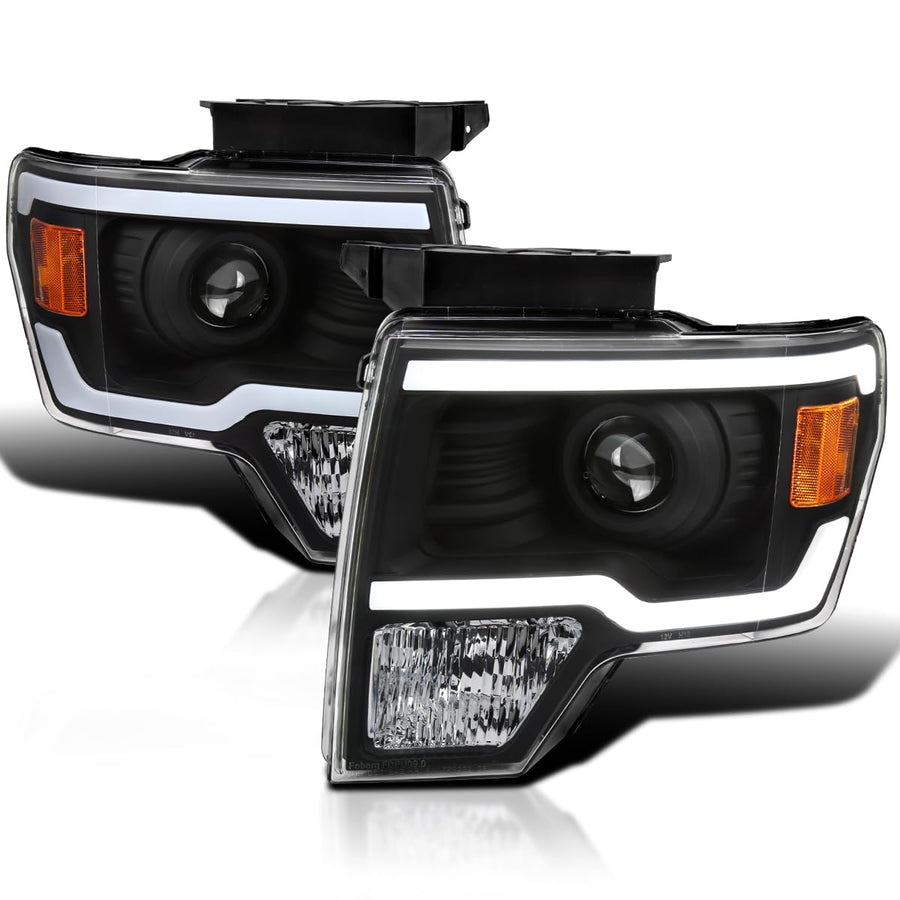 Black Projector Headlights w/LED Strips SPEC-D TUNING Compatible with 2009-2014 Ford F-150, Left + Right Pair Headlamps Assembly