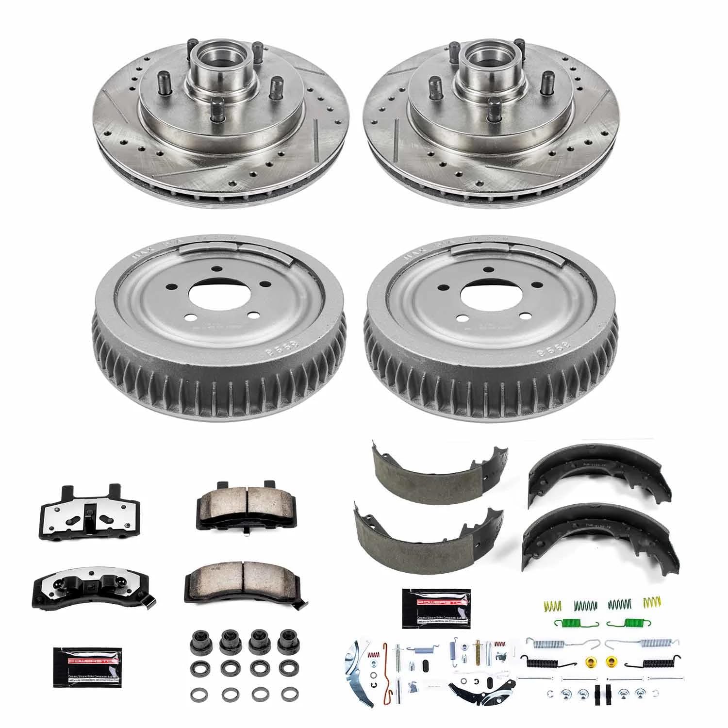 Power Stop Brake Kit Front and Rear For 1998 1999 2000 Chevrolet Tahoe - Truck & Tow Carbon Fiber Ceramic Pads, Drums, & Drilled and Slotted Rotors Replacement, K15038DK-36