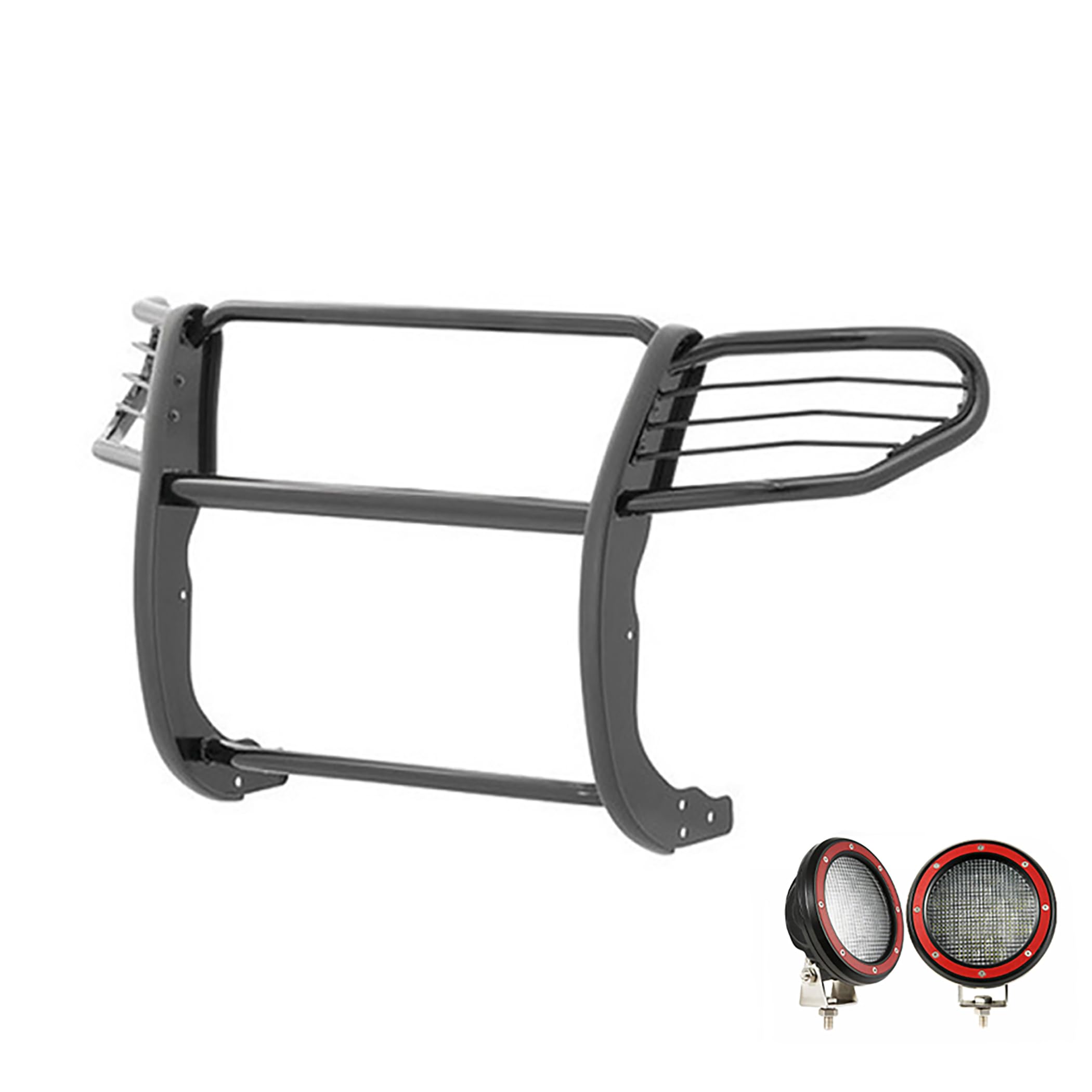 Black Horse Grille Brush Bumper Guard Black Modular Come with Pair of 5.3" Dia.LED Lights with Red Trim Rings Compatible with 2011-2015 Ford Explorer-17FJ28MA-PLFR