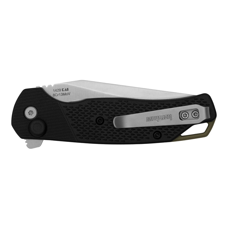 Kershaw Folding Runoff Pocket Knife, 3.1 inch Satin Finish Clip Point Blade, Black GFN handle, Manual Opening, Button Lock Locking Mechanism, Olive Backspacer, Pocketclip
