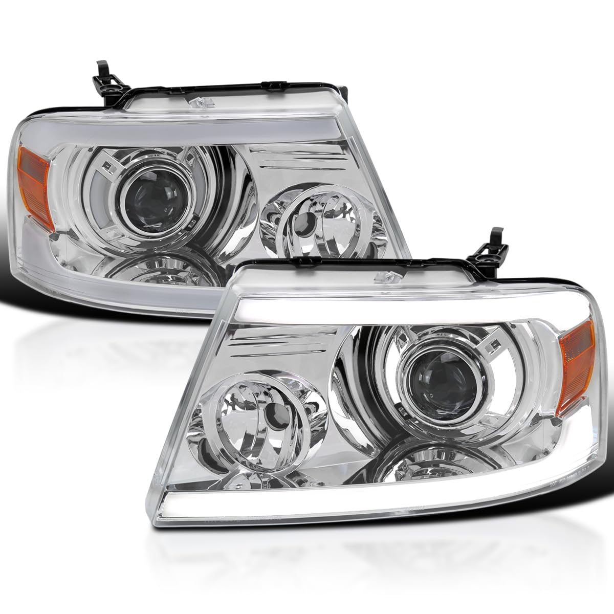 Chrome LED Tube Bar Projector Headlights SPEC-D TUNING Compatible with 2004-2008 Ford F-150, 2006-2008 Lincoln Mark LT, Left + Right Pair Headlamps Assembly