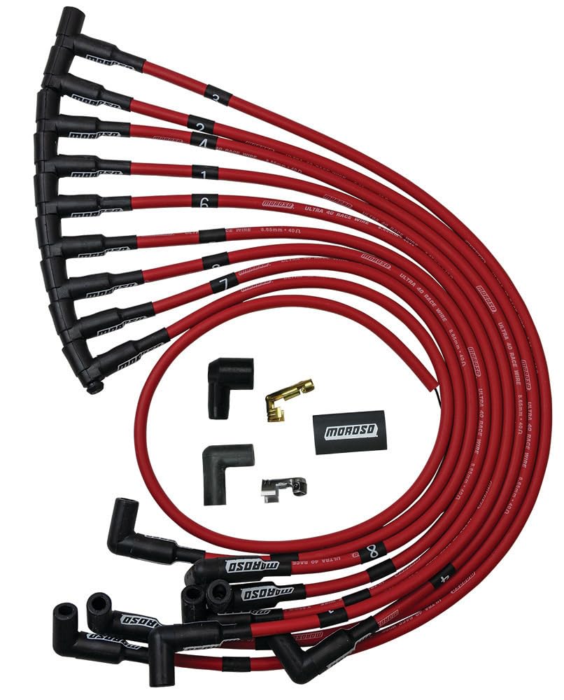 Moroso Ultra 73684 40 Red Spark Plug Wire Set, 90 Degree Plug Ends, Over Valve Cover Routing, HEI Distributor