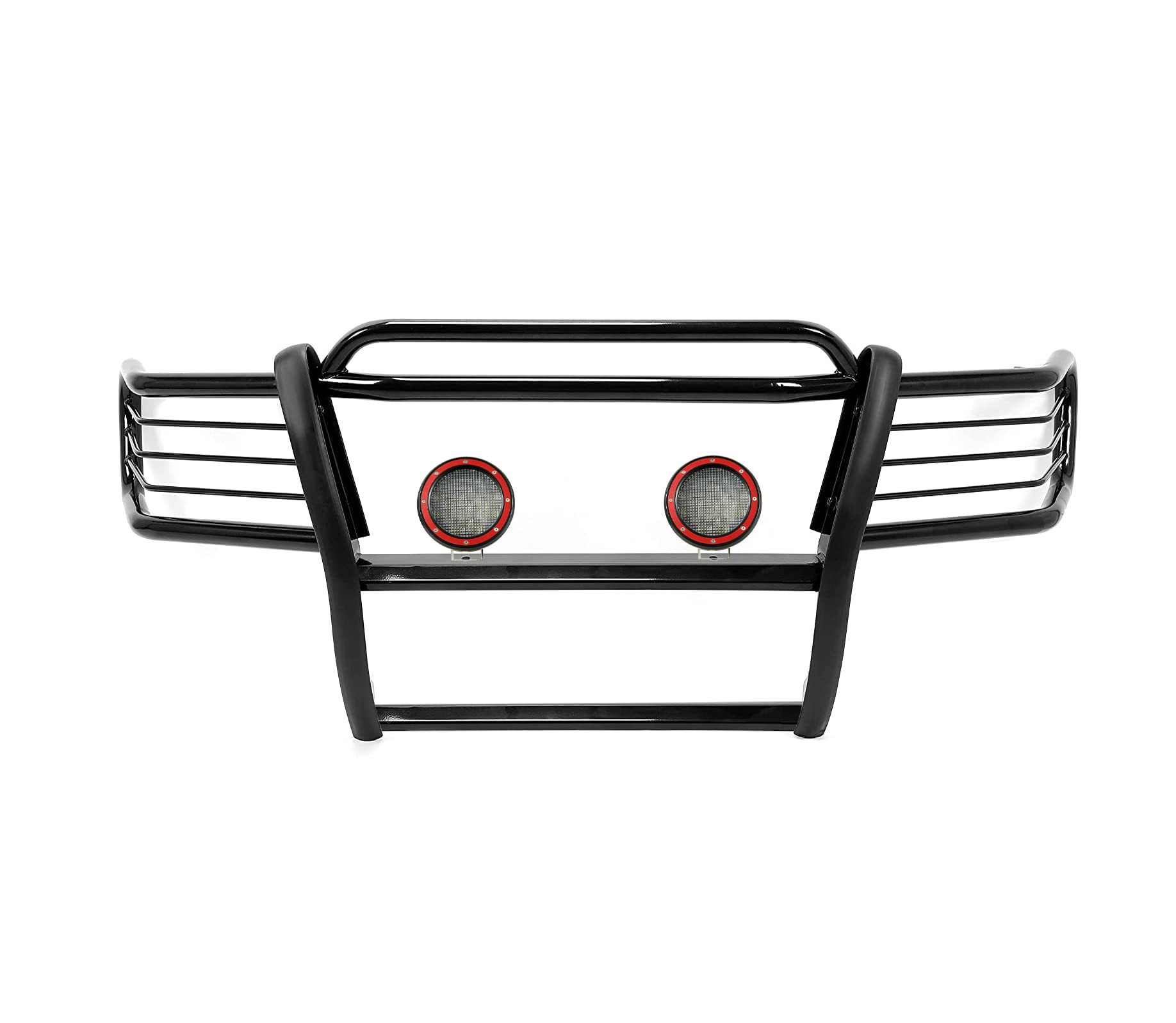 Bumper Guard Black Horse Grille Brush Modular Black Come with Pair of 5.3" Dia.LED Lights with Red Trim Rings Compatible with 1999-2004 Jeep Grand Cherokee-17EB26MA-PLFR