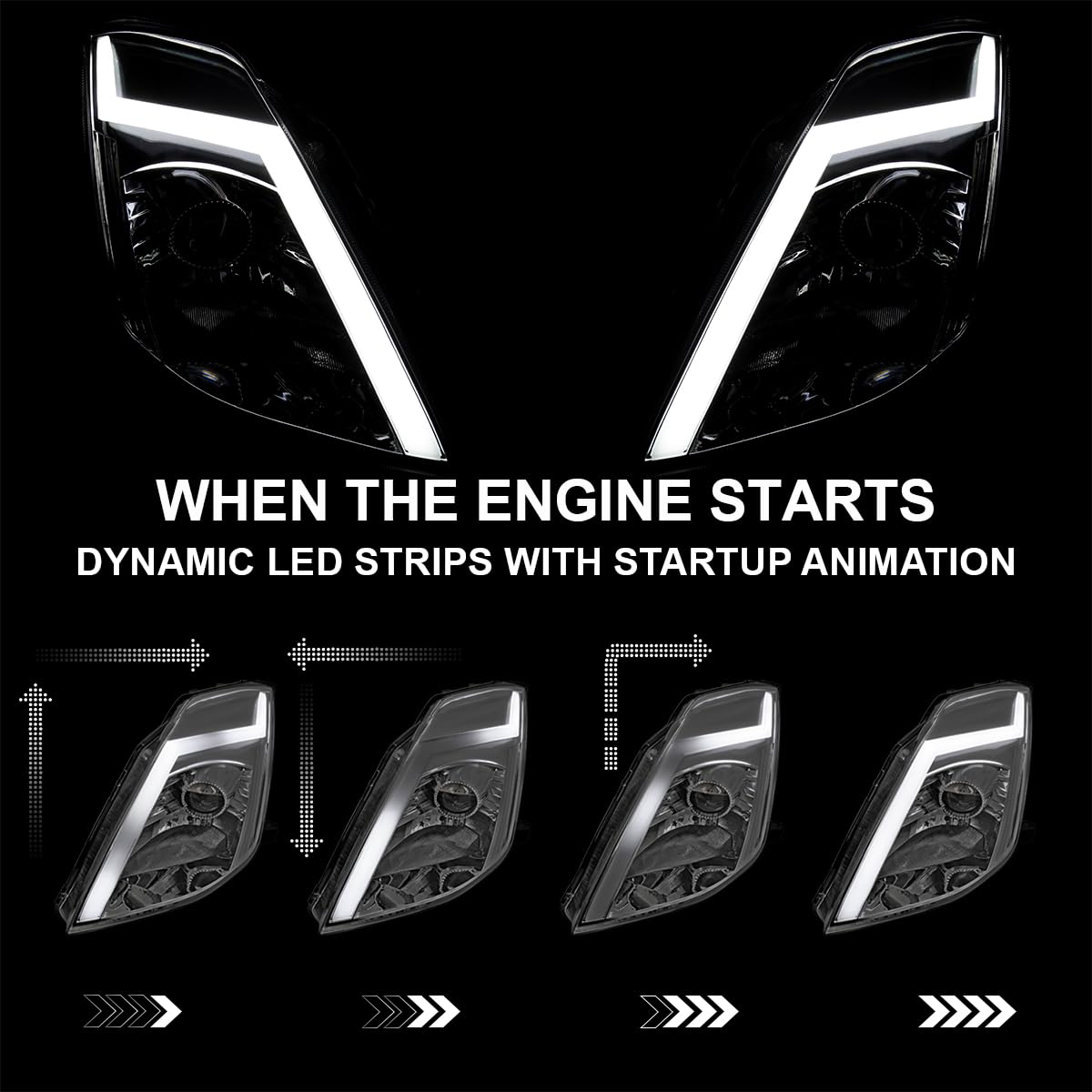 Sequential Switchback Projector Headlights SPEC-D TUNING w/LED Strip and Startup Animation Compatible with 2003-2005 Nissan 350Z, Left + Right Pair Headlamp Assembly