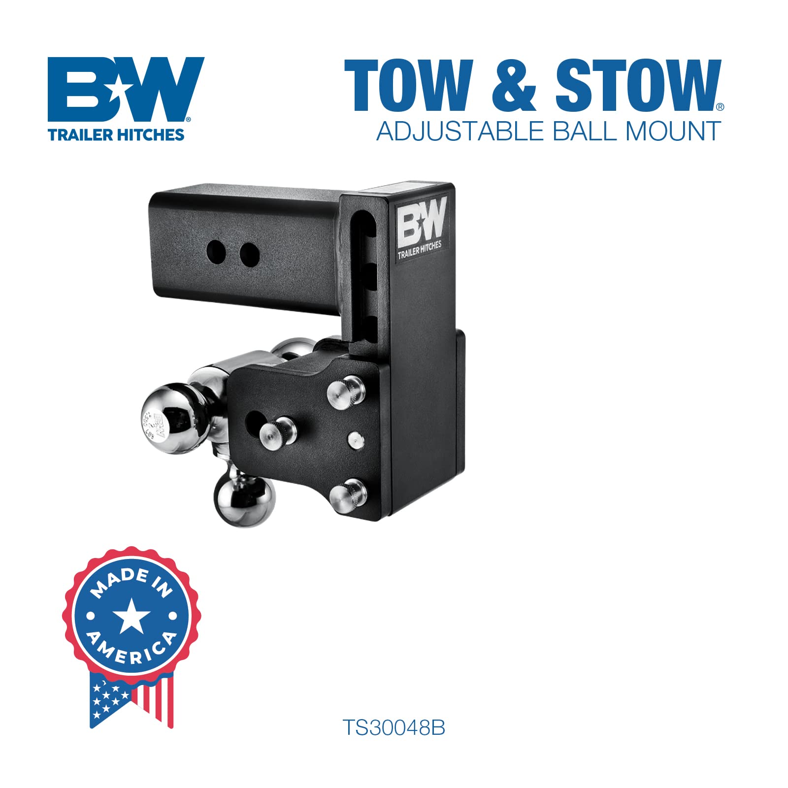 B&W Trailer Hitches Adjustable Tow & Stow Trailer Hitch Ball Mount - Fits 3" Receiver, Tri-Ball (1-7/8" x 2" x 2-5/16"), 4.5" Drop, 21,000 GTW - TS30048B