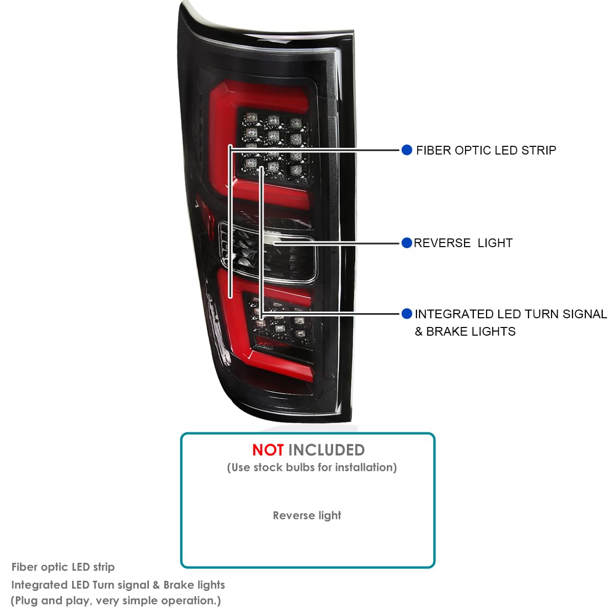 Jet Black SPEC-D TUNING Tail Lights w/Red LED Bar Compatible with 2009-2014 Ford F150, Left + Right Pair Assembly