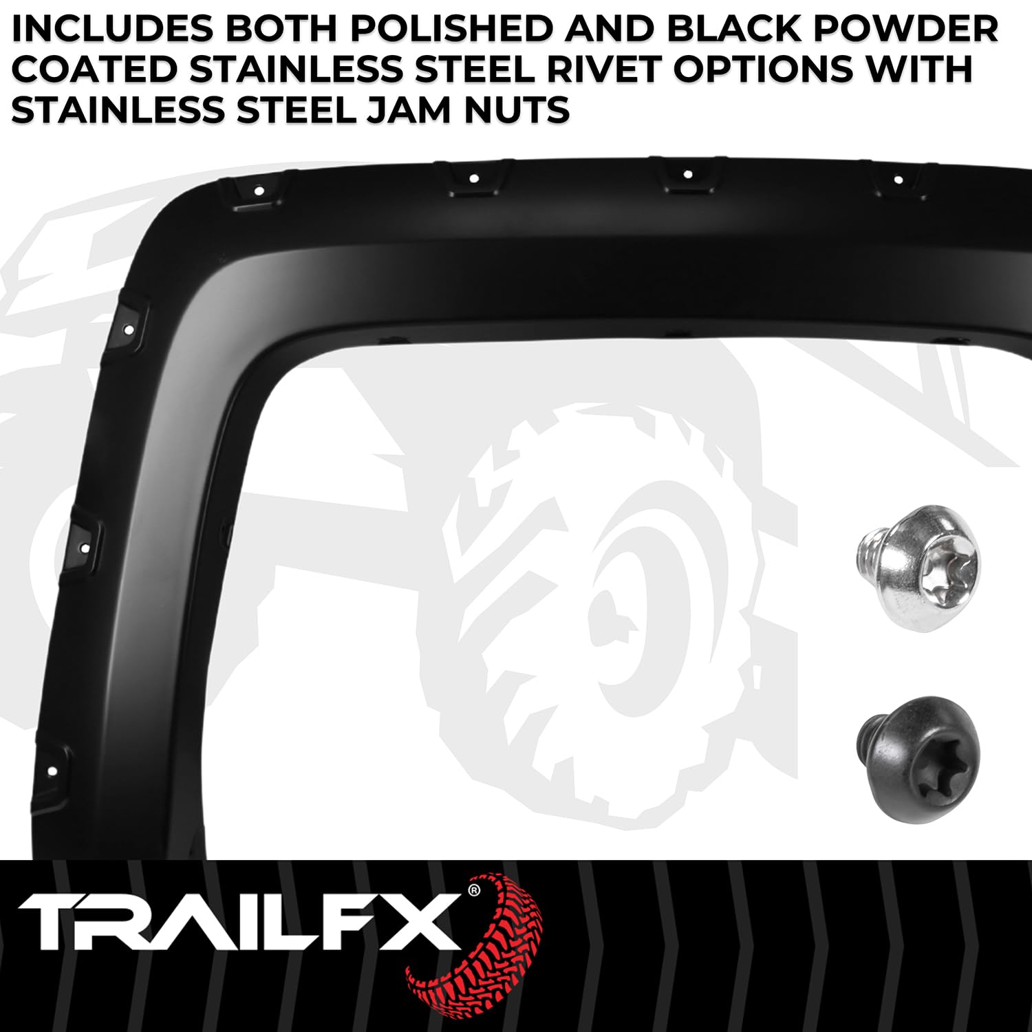 TrailFX Pocket Style Fender Flares for 5.7 Foot Bed Chevrolet Silverado 1500 2007-2013 Black Smooth Paintable Polypropylene Set of 4 with Stainless and Black Steel Rivets TrailFX TFC3003S