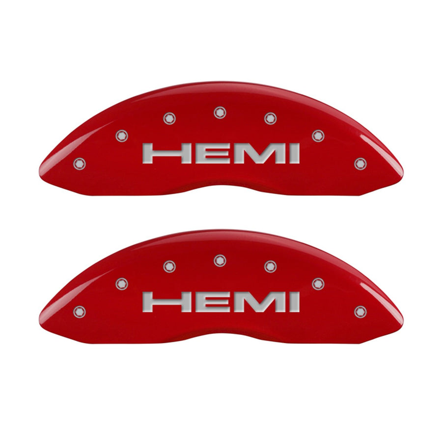 MGP Caliper Covers 'Hemi' Engraved Caliper Cover with Red Powder Coat Finish and Silver Characters, 42002SHEMRD (Set of 4)