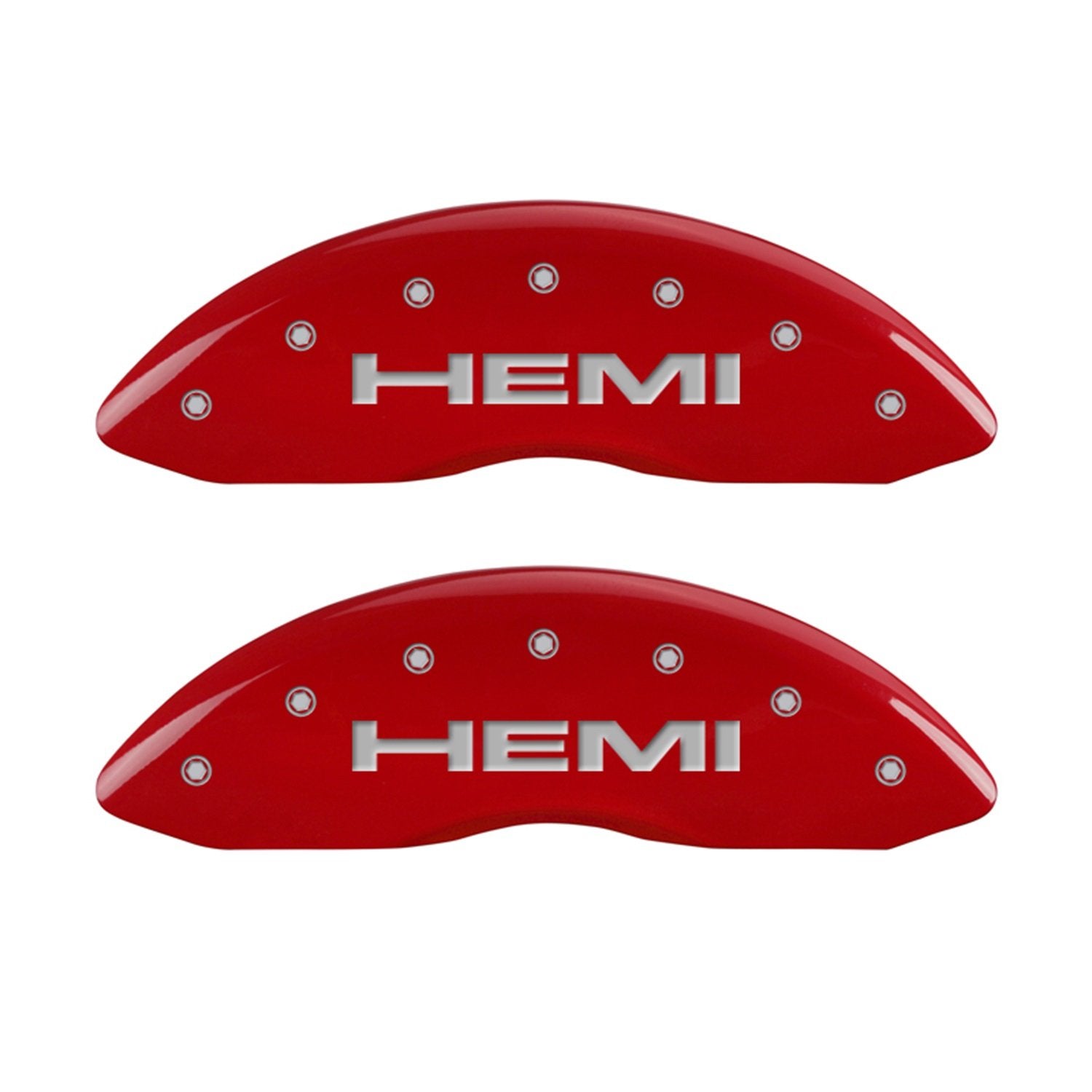 MGP Caliper Covers 'Hemi' Engraved Caliper Cover with Red Powder Coat Finish and Silver Characters, 42002SHEMRD (Set of 4)