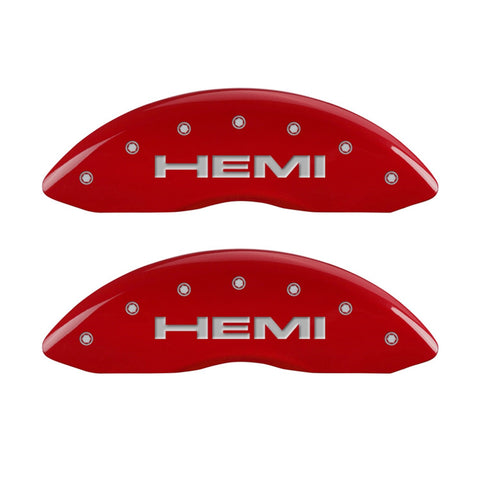 MGP Caliper Covers 'Hemi' Engraved Caliper Cover with Red Powder Coat Finish and Silver Characters, 42002SHEMRD (Set of 4)