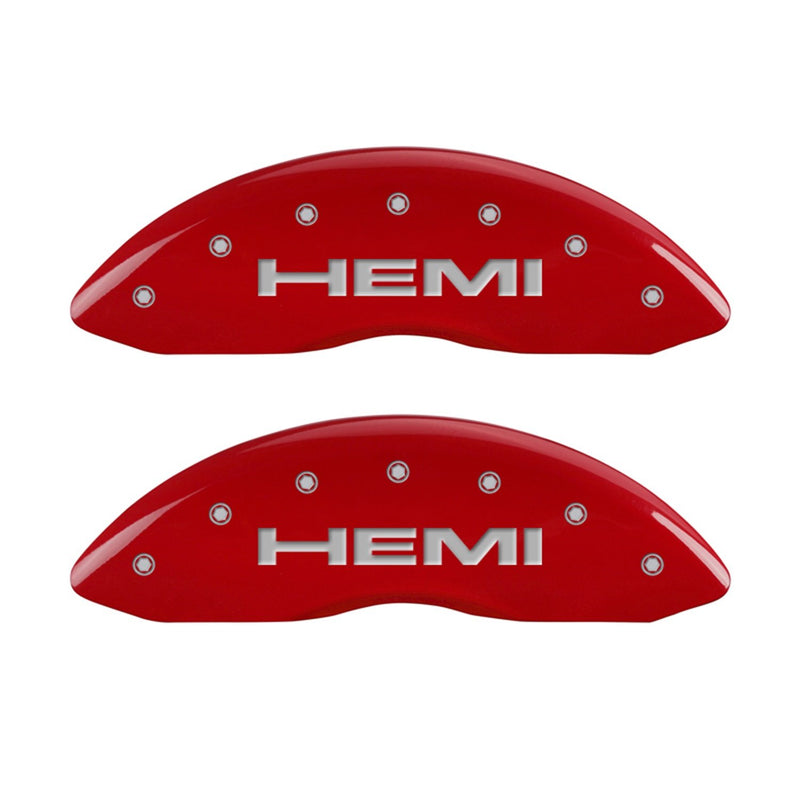 MGP Caliper Covers 'Hemi' Engraved Caliper Cover with Red Powder Coat Finish and Silver Characters, 42002SHEMRD (Set of 4)