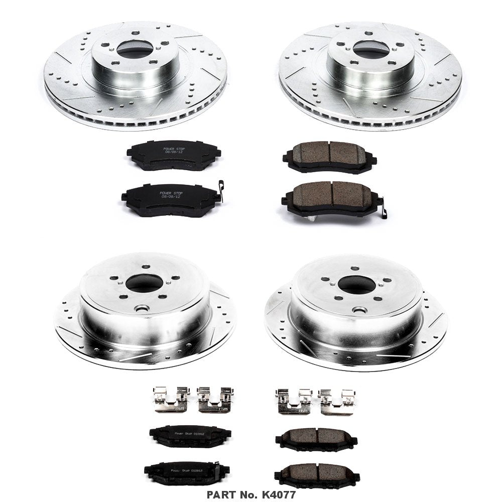 Power Stop K4077 Z23 Carbon Fiber Brake Pads Front and Rear with Drilled & Slotted Brake Rotors Kit For Forester 2009-2010, Impreza 2008-2010, Legacy 2010-2012, Outback 2010-2012 [Model Specific]
