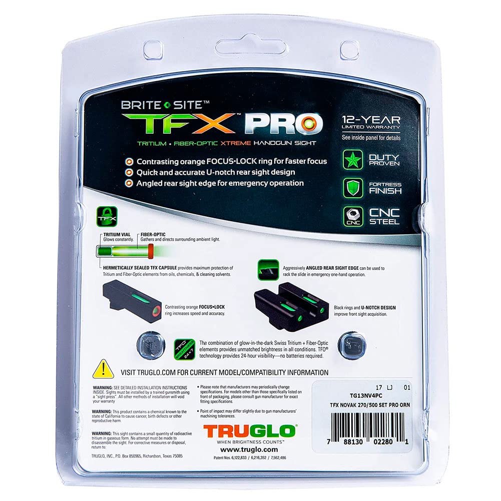 Handgun Sight TRUGLO TFX PRO | Compact Snag-Free Durable Shock-Resistant Glowing Tritium & Fiber-Optic Xtreme Night Sight with High Contrast Orange Front Ring, Compatible with 1911 270/500 Handguns