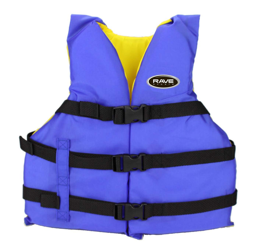 Rave Sports Life Vest Adult, US Coast Guard Approved Type III Jacket, Fits Over 90 lbs, 30"-52" Chest, PFD Ideal for Boating and Swimming, Adjustable Buckled Straps for Secure Fit, Quick Dry Fabric