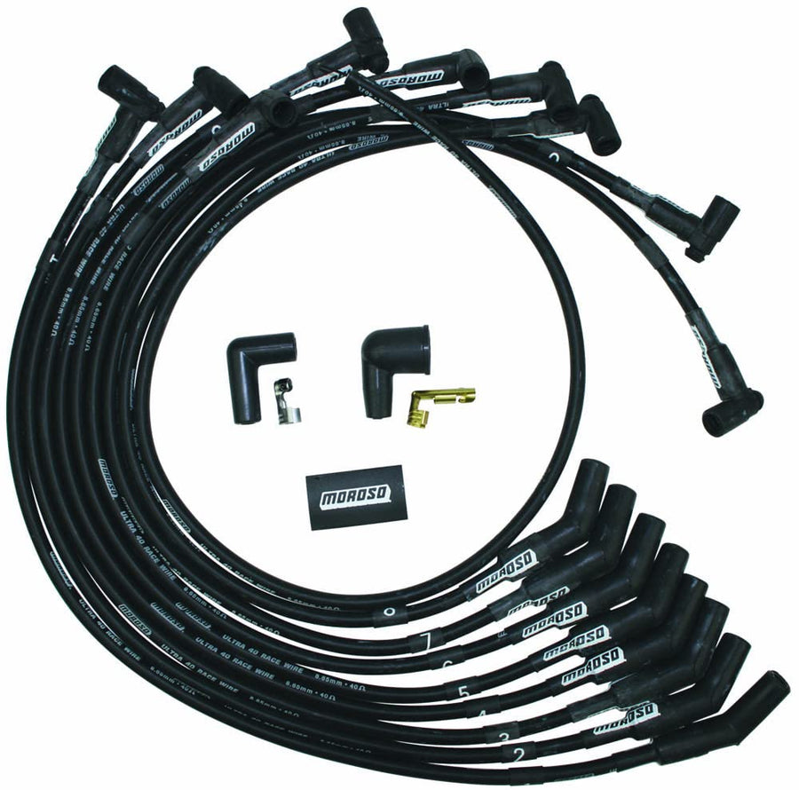 Moroso Black Ultra 40 Spark Plug Wire Set, Unsleeved, Fits Big Block Ford 429-460, 135 Degree Plug Ends, HEI Distributor Ends