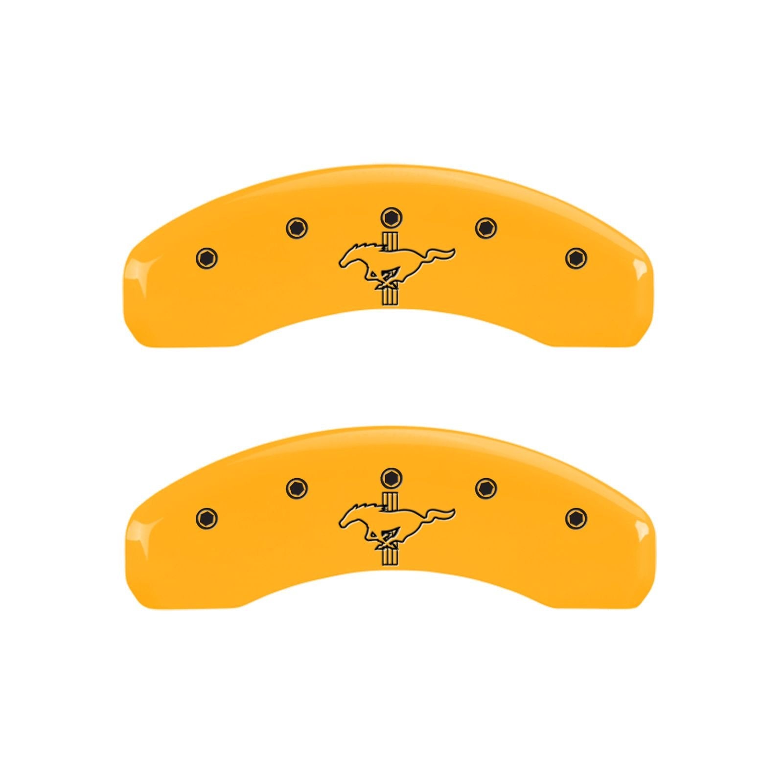 Caliper Covers MGP 10204SMB2YL, Set of 4 (Yellow Engraved Front: 2015/Mustang - Engraved Rear: 2015/Bar & Pony Powder Coat Finish Black Characters)