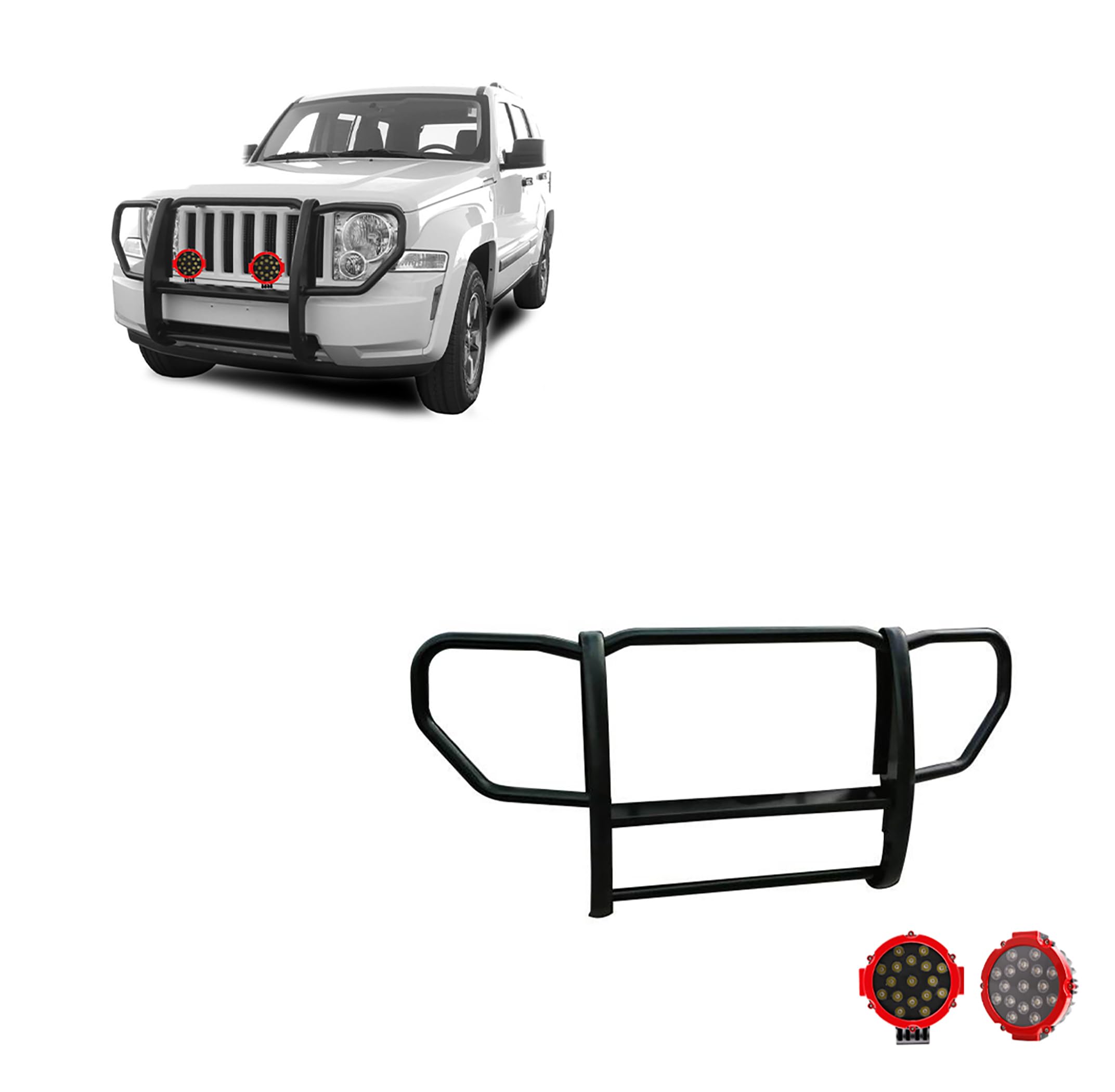 Bumper Guard Black Horse Grille Brush 1-Piece Black Come with Pair of 7.0" Dia.LED Lights with Red Trim Rings Compatible with 2008-2012 Jeep Liberty-17A086400A-PLR