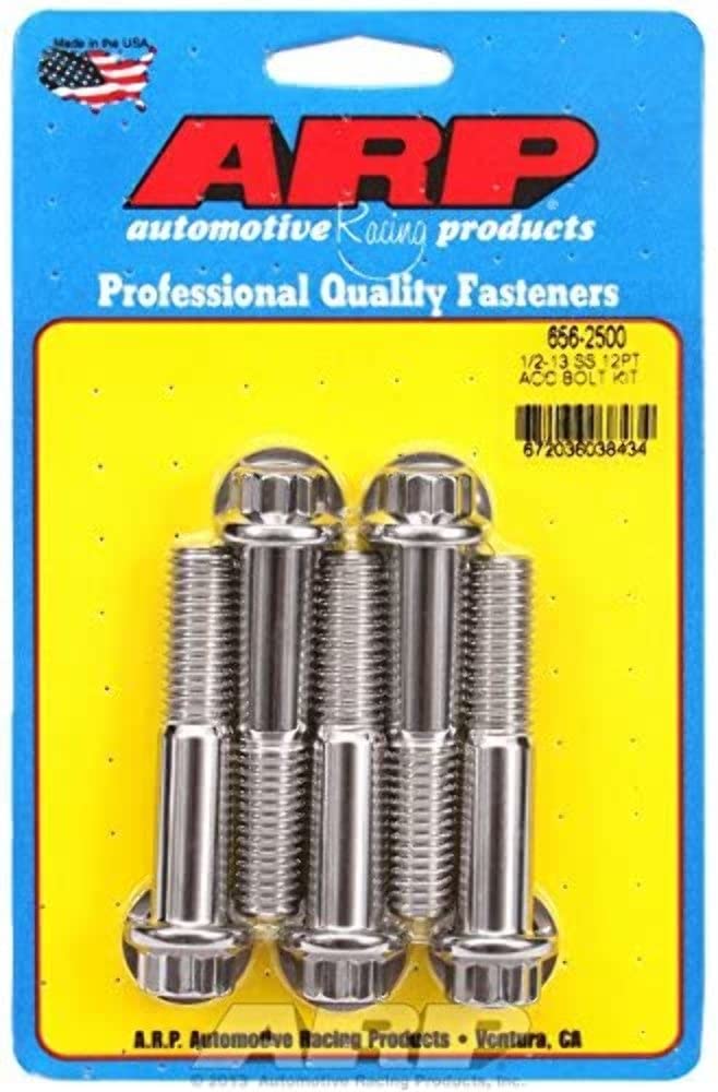 ARP 1/2-13 in Thread Bolt, 2.5 in Long, 9/16 in 12 Point Head, Stainless, Polished, Universal, Set of 5