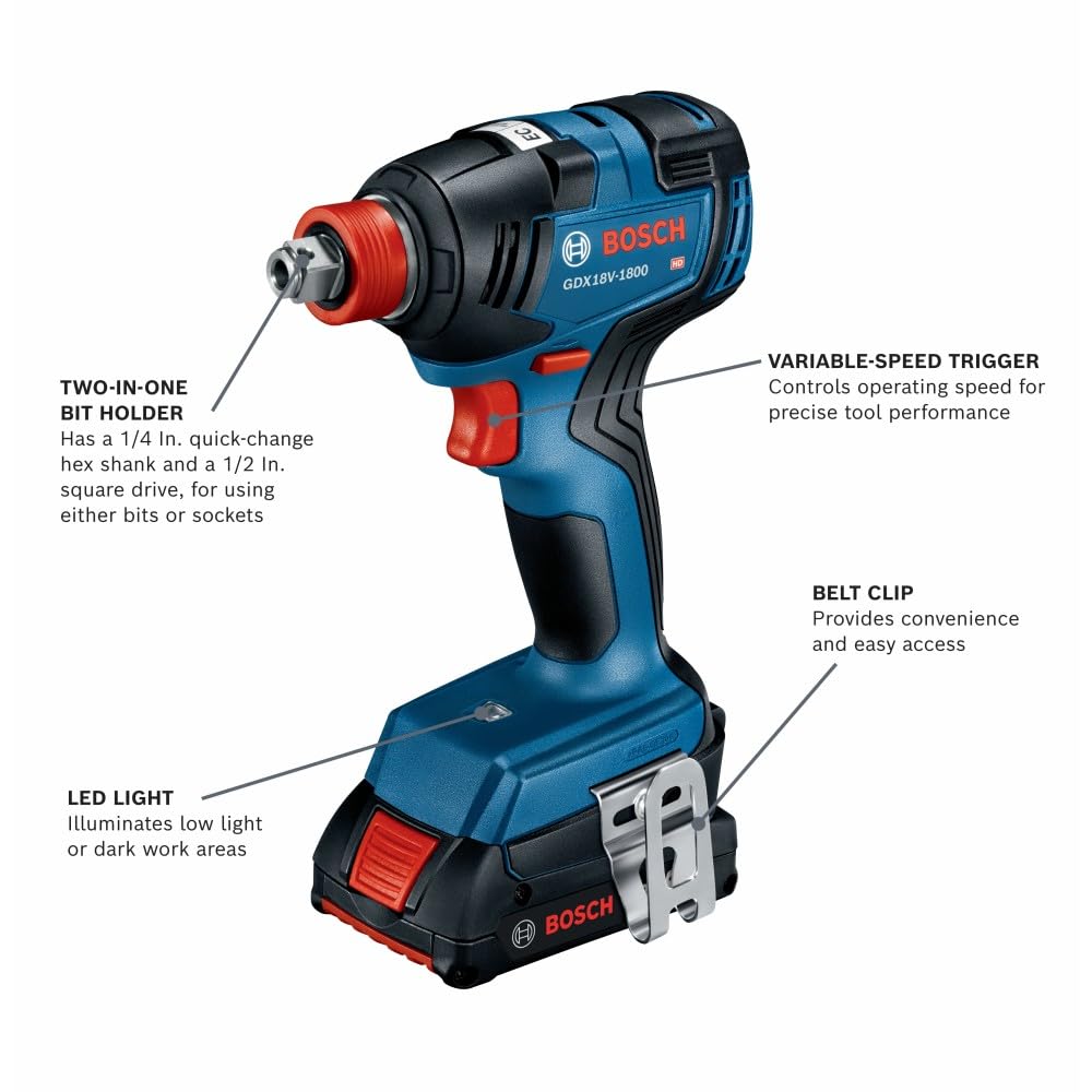 Bosch GXL18V-233B25 18V Combo Kit with 1/2 In. Hammer Drill/Driver, Two-In-One 1/4 In. and 1/2 In. Bit/Socket Impact Driver/Wrench and (2) CORE18V® 4 Ah Advanced Power Batteries