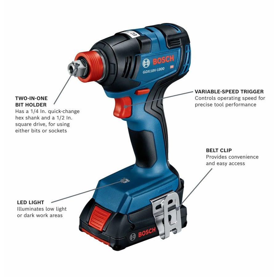Bosch GXL18V-233B25 18V Combo Kit with 1/2 In. Hammer Drill/Driver, Two-In-One 1/4 In. and 1/2 In. Bit/Socket Impact Driver/Wrench and (2) CORE18V® 4 Ah Advanced Power Batteries