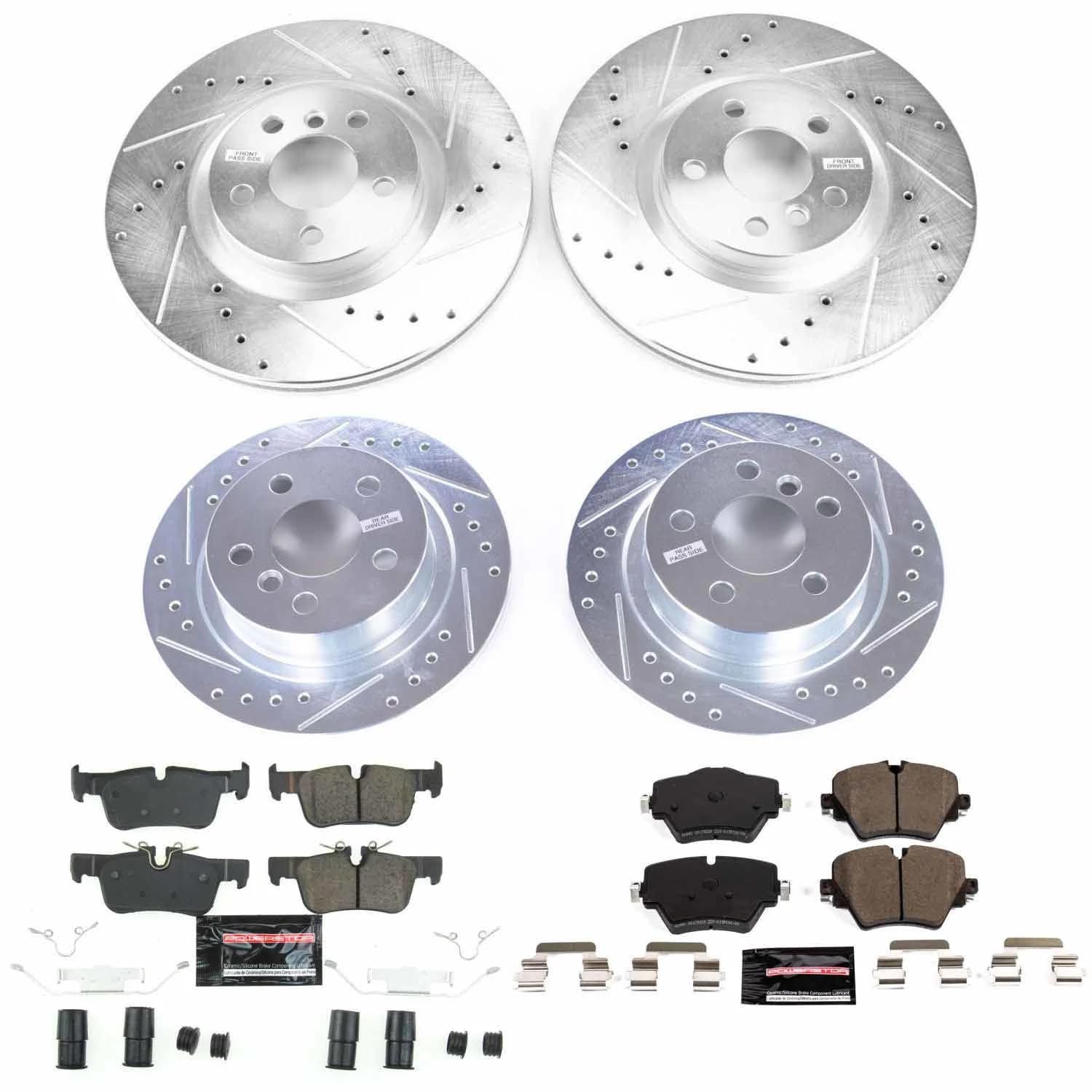 Power Stop K8356 Z23 Carbon Fiber Brake Pads Front and Rear with Drilled & Slotted Brake Rotors Kit and 1 Front & 1 Rear Sensor Wires