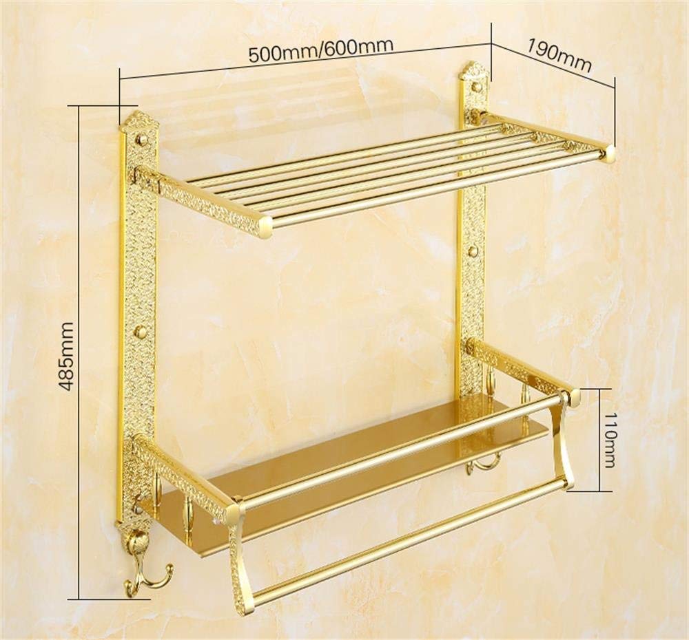 European Highgrade BTBT Gold Double Folding Shelf And Double Towel Bar Bathroom Rack Wallmounted Bathroom Shelf (Size : 50cm)