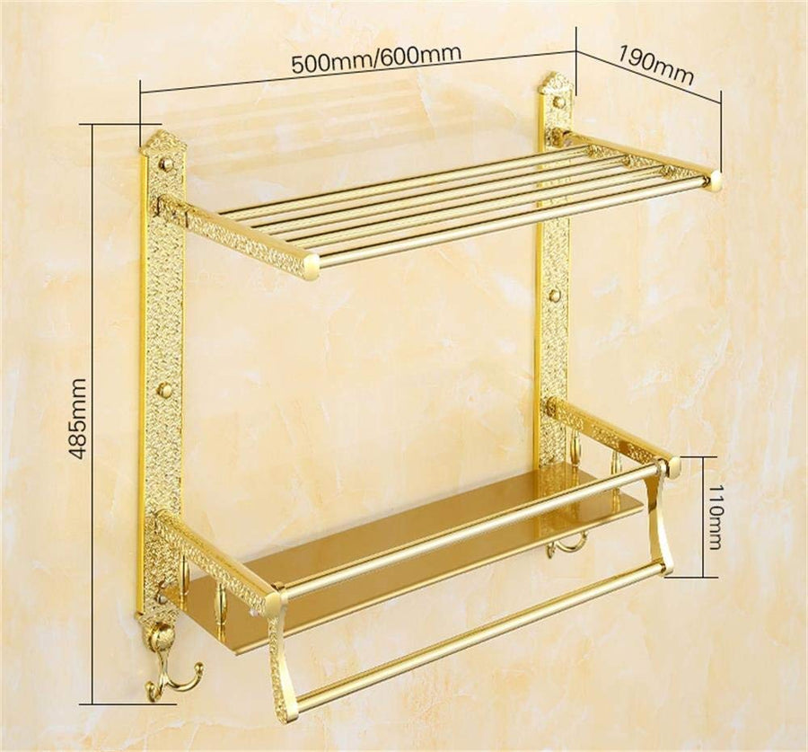 European Highgrade BTBT Gold Double Folding Shelf And Double Towel Bar Bathroom Rack Wallmounted Bathroom Shelf (Size : 50cm)