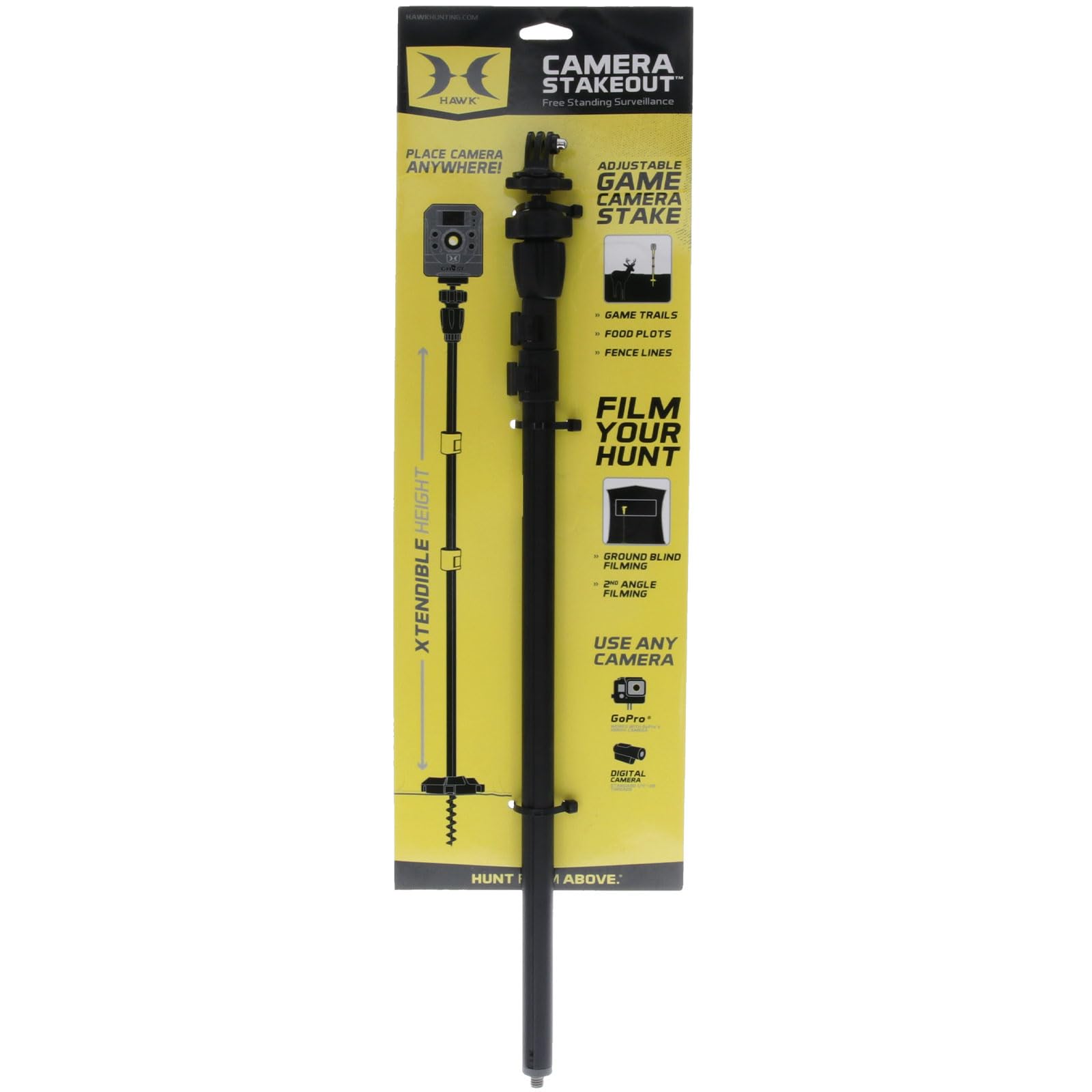 Camera Stakeout System Hawk | Versatile Stable Adjustable 22" - 51" Height 360-Degree Rotating Easy Mount Hunting Trail Camera Holder with Standard 1/4-20" Thread & 6" Auger