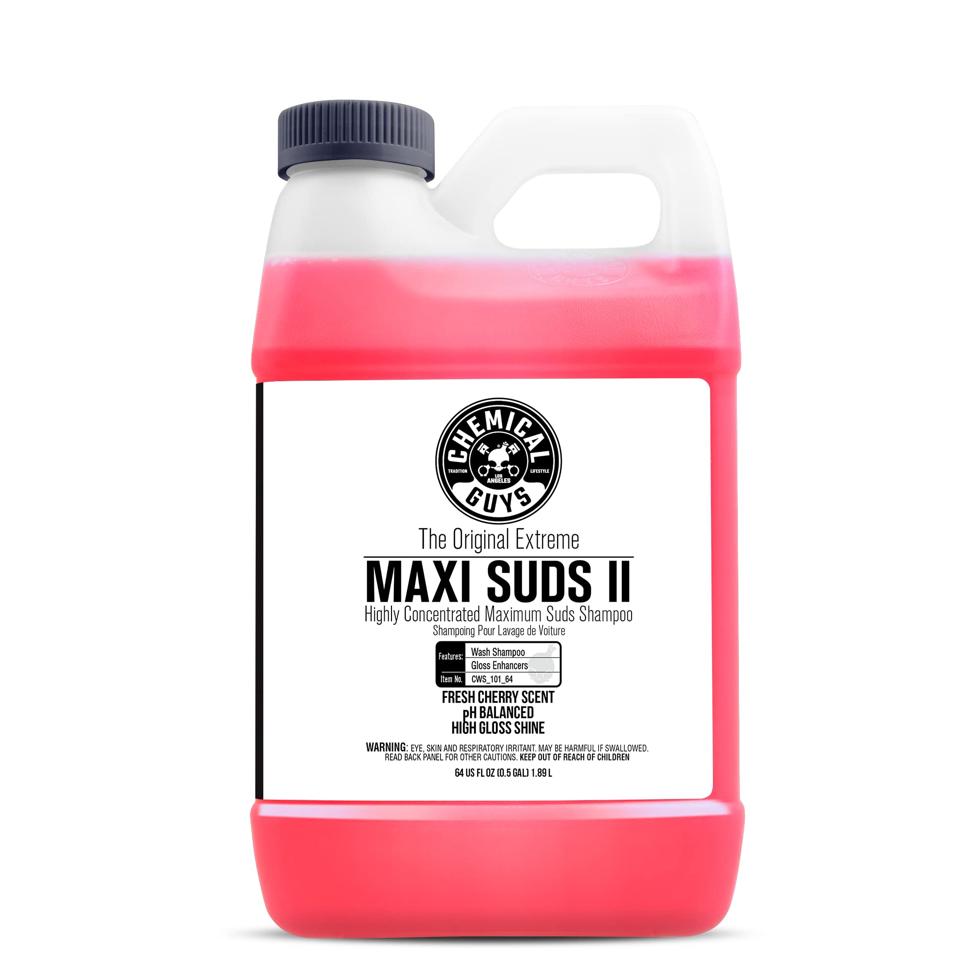 Maxi Suds II Chemical Guys Foaming Car Wash Soap – High Foam Car Wash Soap, Cherry Scent Shampoo and Gloss Booster for Foam Cannons, Guns or Buckets – Gentle, Safe for Trucks, SUVs, and RVs, 64 oz