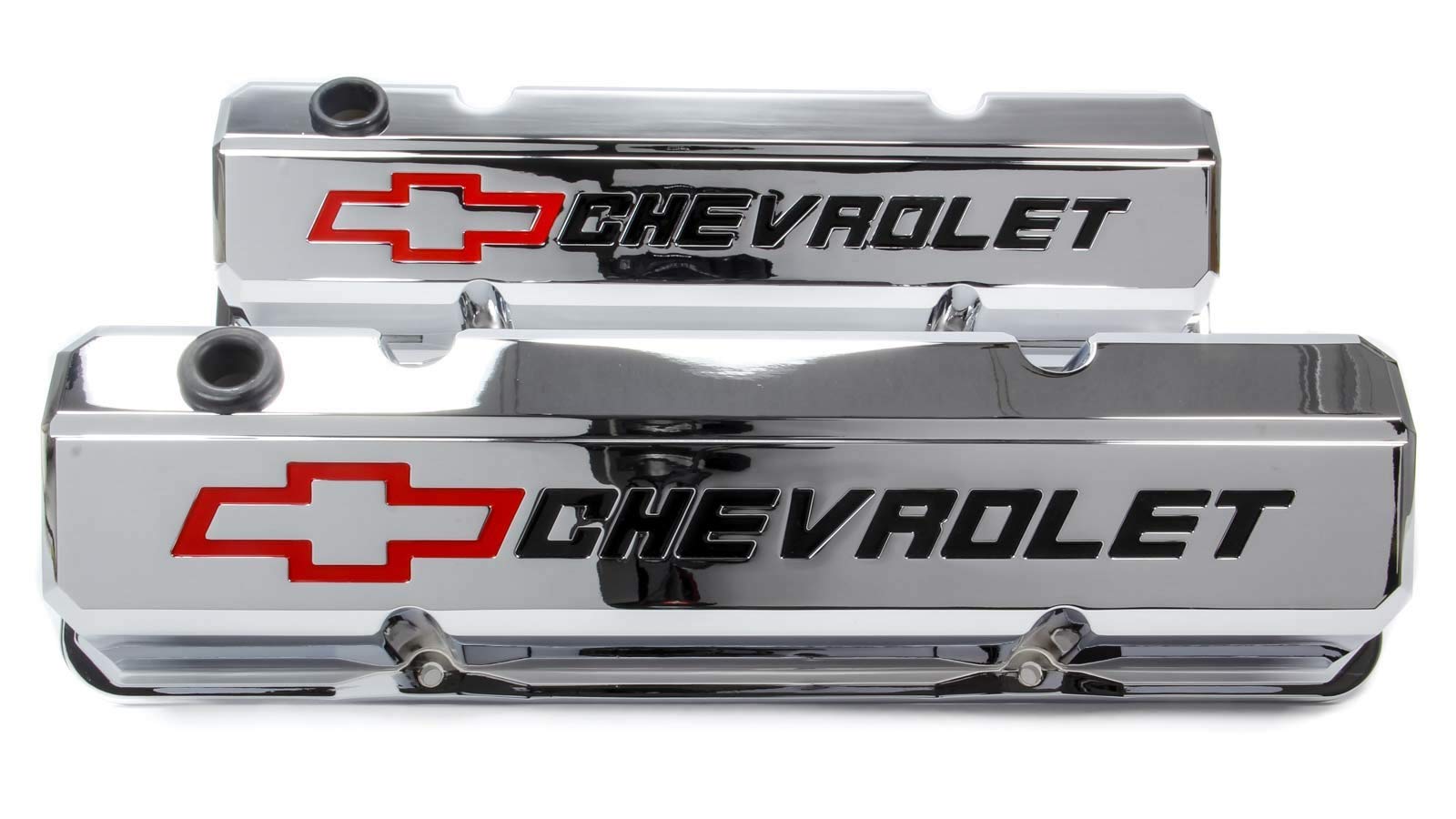 ProForm Valve Cover, Slant-Edge, Tall, Baffled, Breather Hole, Recessed Chevrolet Bowtie Logo, Aluminum, Chrome, Small Block Chevy, Pair