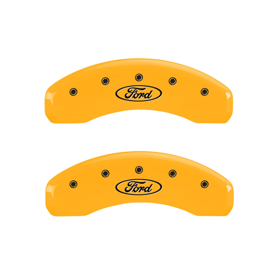 Caliper Covers MGP 10128SFRDYL Yellow (Set of 4, Engraved Front and Rear: Oval logo/Ford, Yellow powder coat finish, black characters)