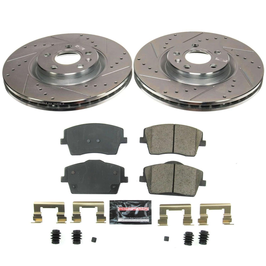 Z23 Carbon-Fiber Ceramic Brake Pads and POWERSTOP Drilled and Slotted Rotors Brake Kit For Volvo XC40 2019-2022 [Vehicle Specific]