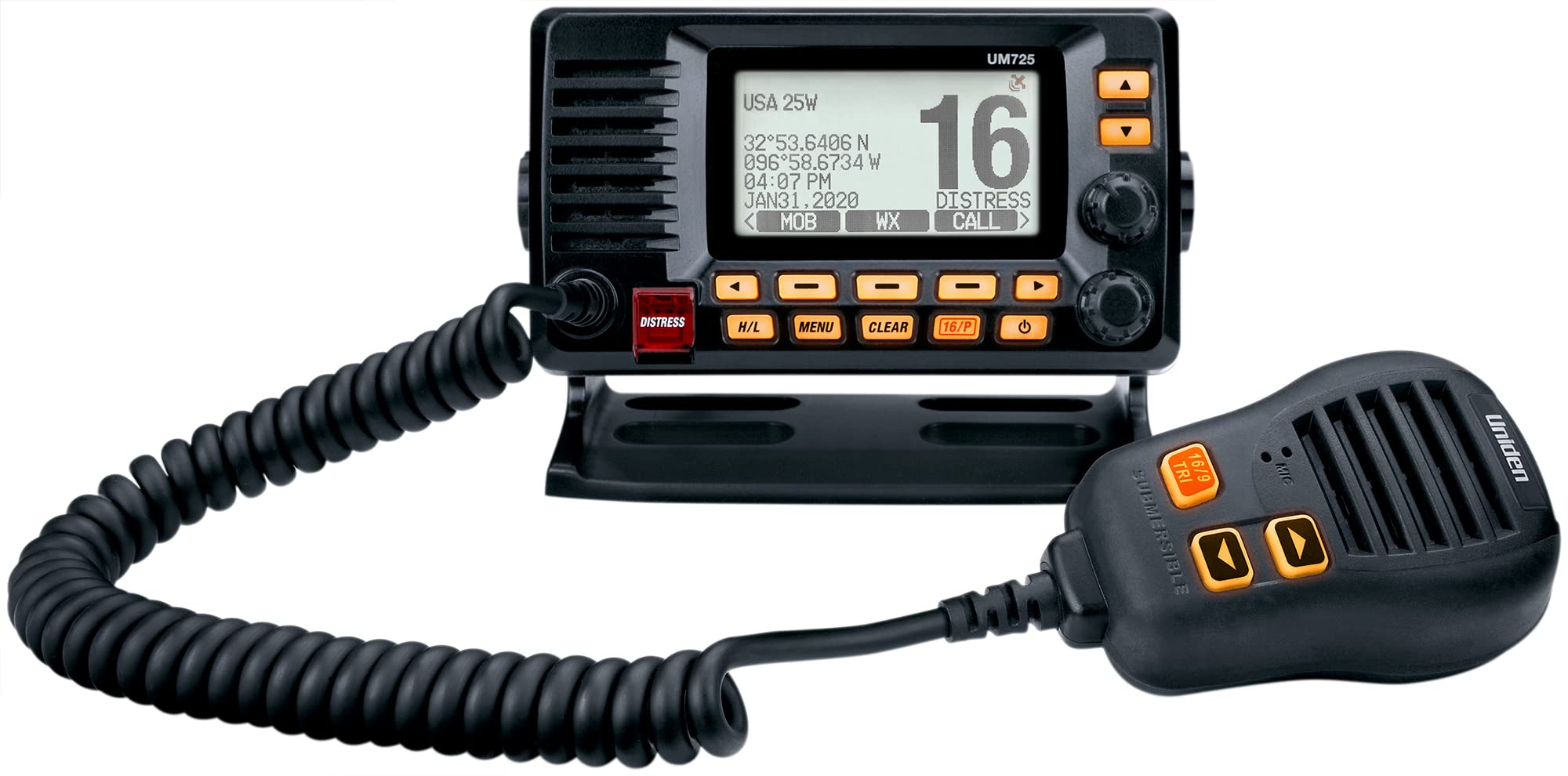 Marine VHF Radio Uniden UM725BK, All USA, Canada, and Int'l. Marine Channels, 1Watt/25Watt Transmit Power, Largest LCD Screen in Class, NOAA Weather Channels w/Alerts, Speaker Mic, IPX8 Waterproof