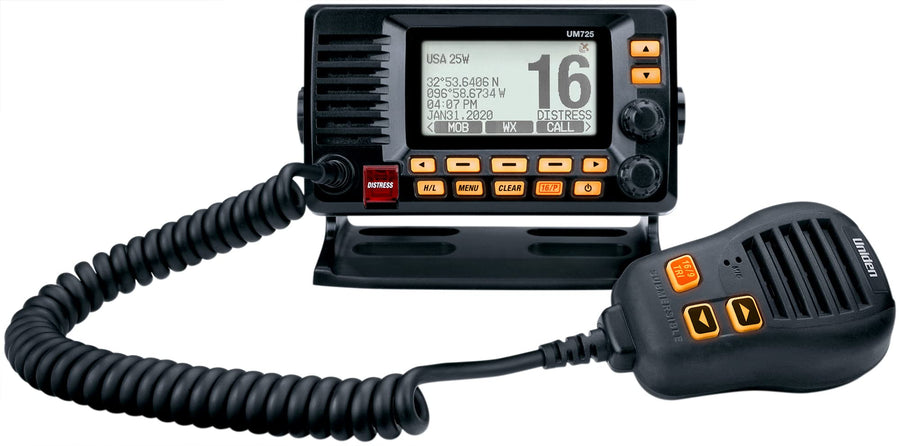 Marine VHF Radio Uniden UM725BK, All USA, Canada, and Int'l. Marine Channels, 1Watt/25Watt Transmit Power, Largest LCD Screen in Class, NOAA Weather Channels w/Alerts, Speaker Mic, IPX8 Waterproof
