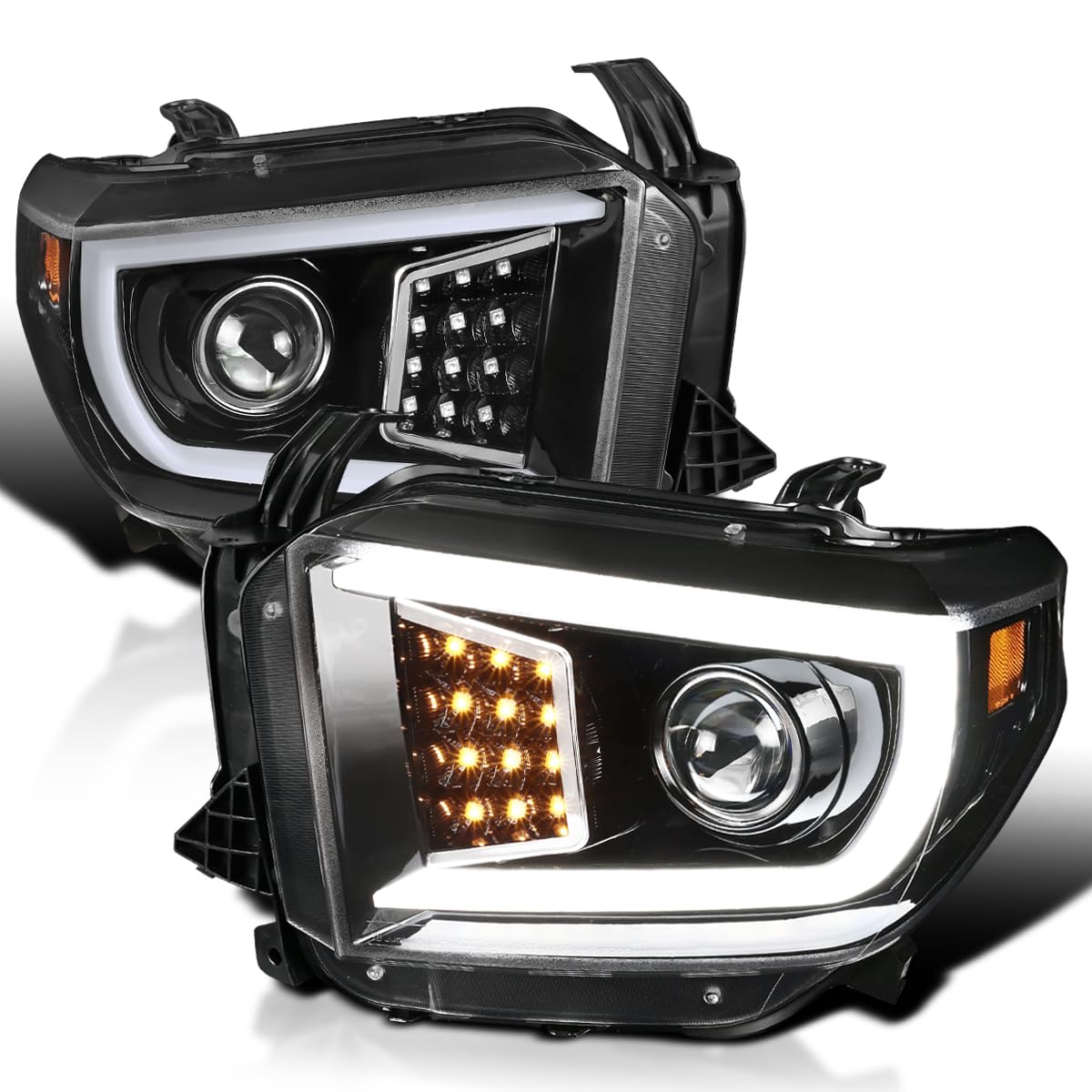 Jet Black SPEC-D TUNING Projector Headlights w/LED Light Bar Compatible with 2014-2021 Toyota Tundra, Left + Right Pair Headlamps Assembly