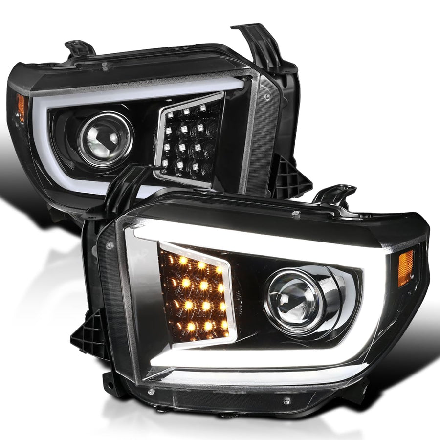 Jet Black SPEC-D TUNING Projector Headlights w/LED Light Bar Compatible with 2014-2021 Toyota Tundra, Left + Right Pair Headlamps Assembly