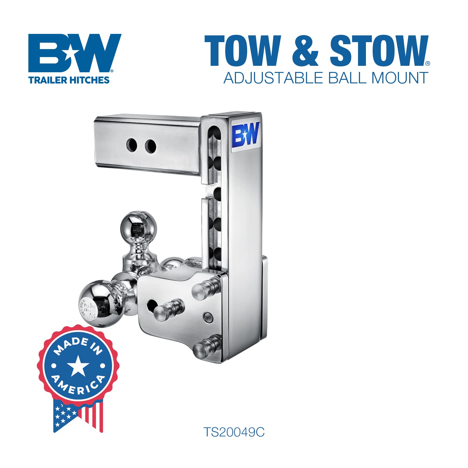 B&W Trailer Hitches Tow & Stow Chrome Adjustable Trailer Hitch Ball Mount - Fits 2.5" Receiver, Tri-Ball (1-7/8" x 2" x 2-5/16"), 7" Drop, 18,000 GTW - TS20049C