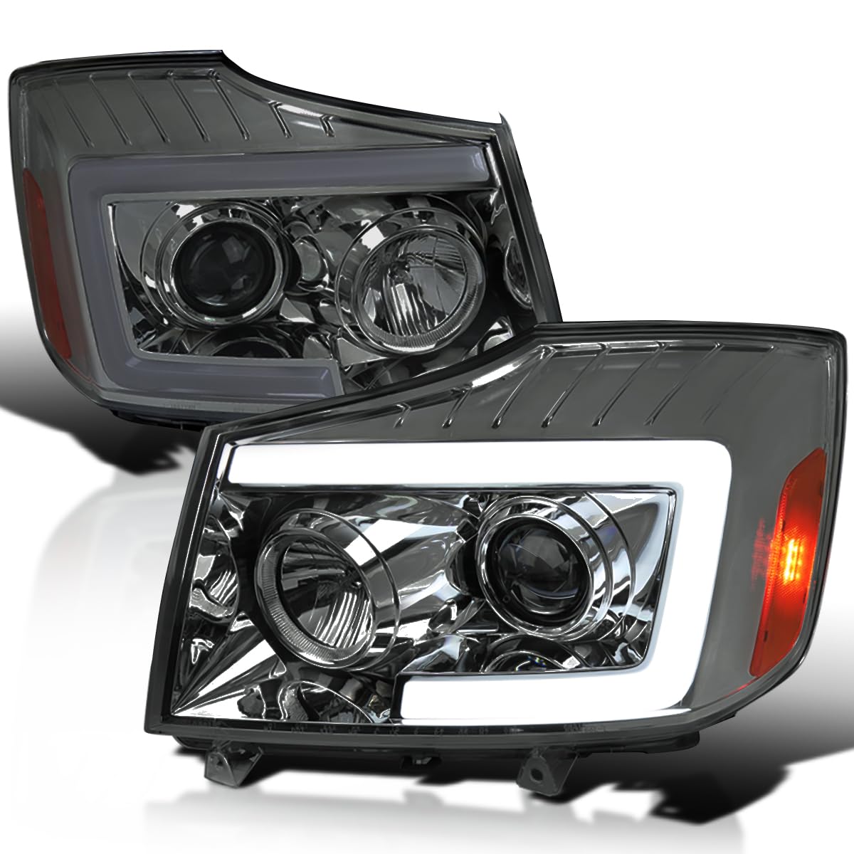 Spec-D Tuning Projector Smoke Headlights w/Sequential LED Turn Signal Compatible with 2004-2015 Nissan Titan, 2004-2007 Nissan Armada, Left + Right Pair Headlamps Assembly