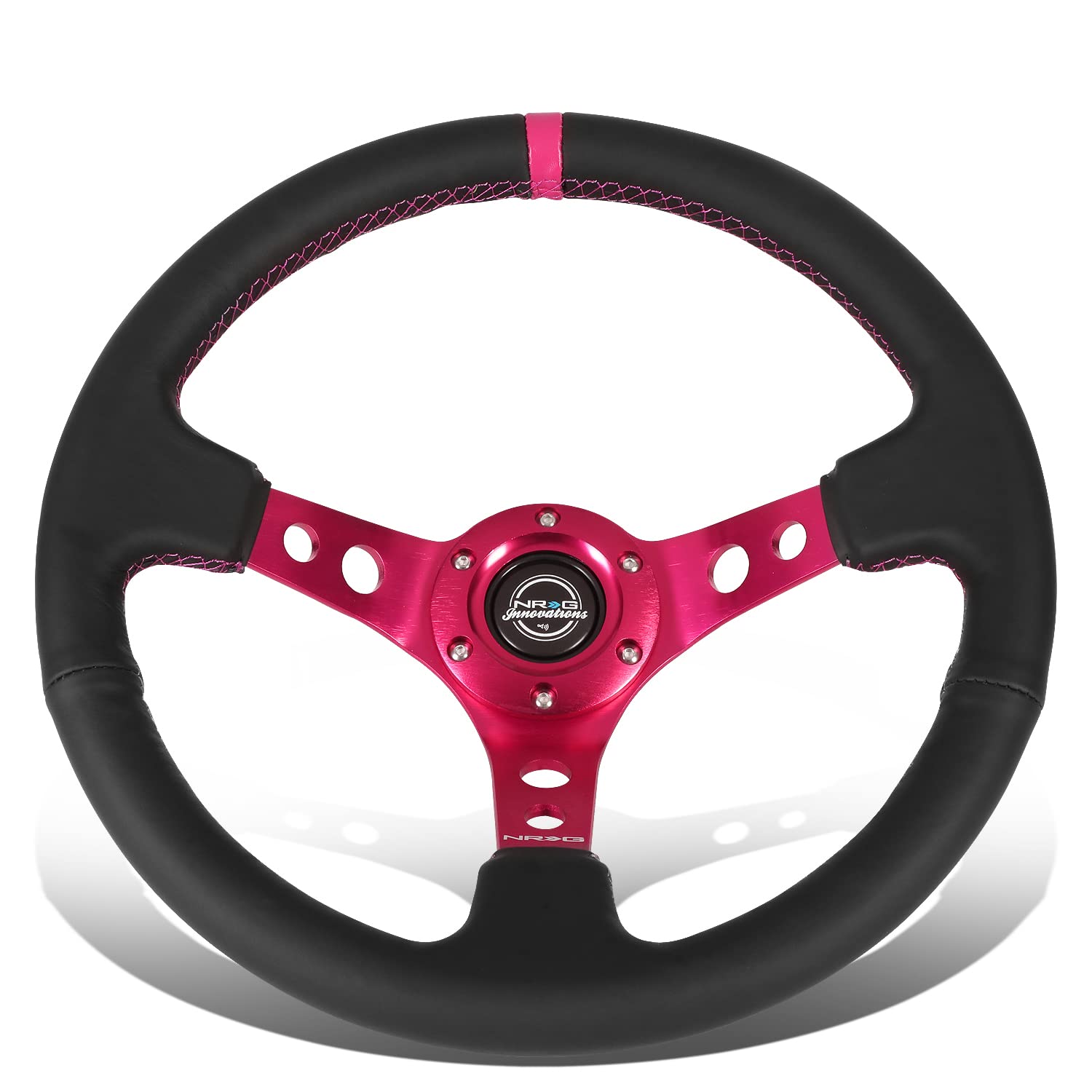 NRG Innovations Reinforced NRG-RST-006FH Steering Wheel 350mm Sport Steering Wheel (3" Deep), Black Leather Fushia Center Mark with Fushia Stitching, Fushia Center Spoke