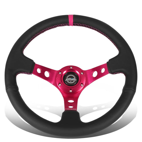 NRG Innovations Reinforced NRG-RST-006FH Steering Wheel 350mm Sport Steering Wheel (3" Deep), Black Leather Fushia Center Mark with Fushia Stitching, Fushia Center Spoke